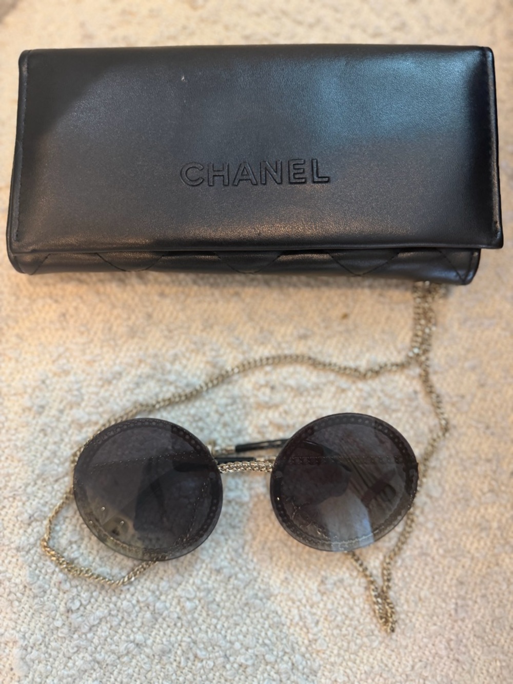 CHANEL Round Chain Sunglasses 4245 Gold Black w/ Chain Strap & Case AUTHENTIC - Picture 3 of 7